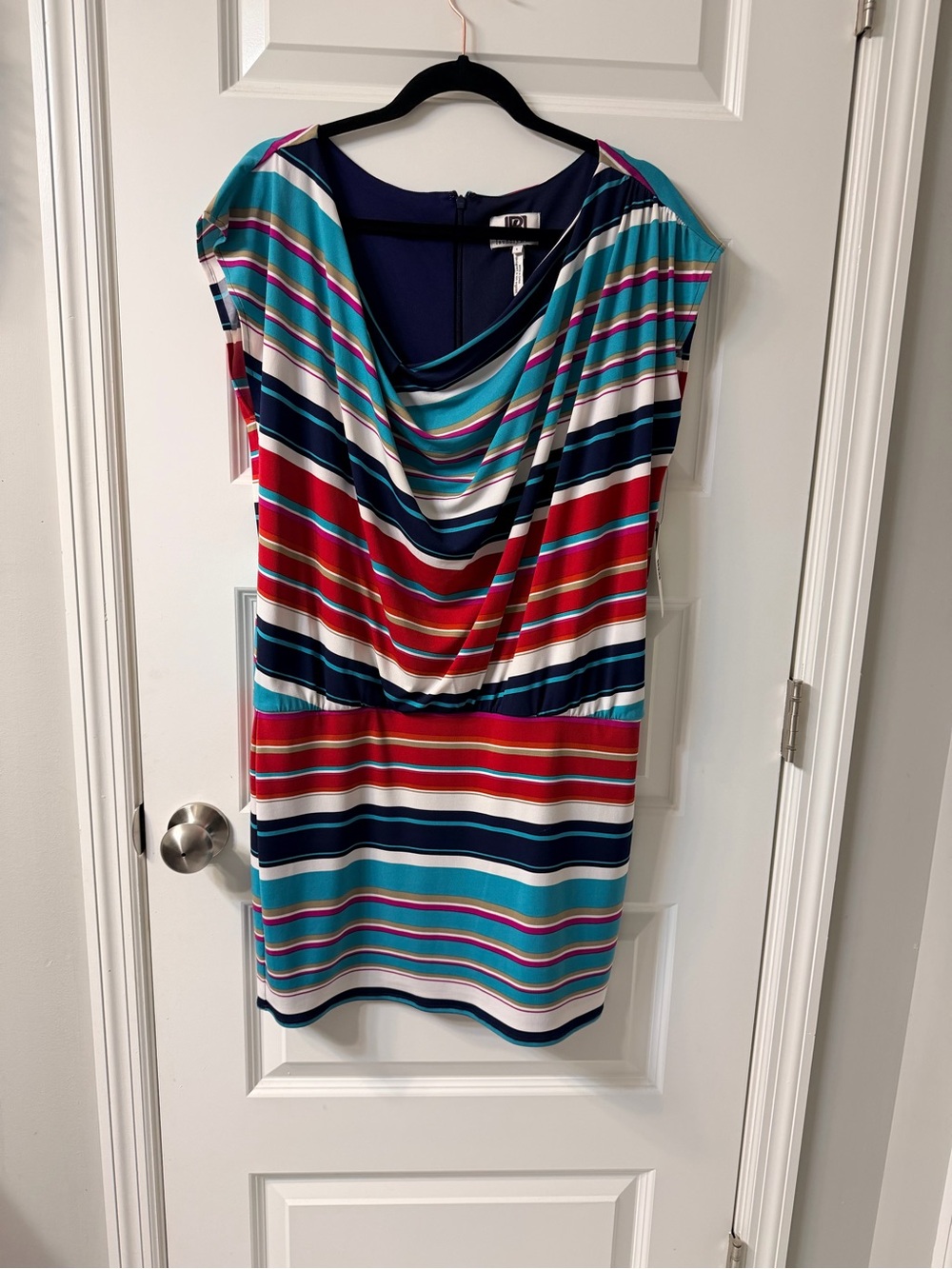 Laundry By Shelli Segal Striped Cowl-Neck Dress in Teal, Red, Navy, White